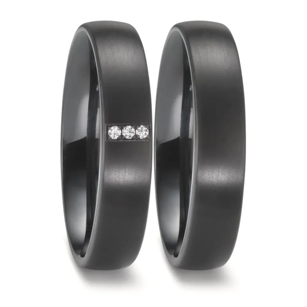 Zirkonium Eheringe mit Mattierung und Bombierung, mit drei Diamanten