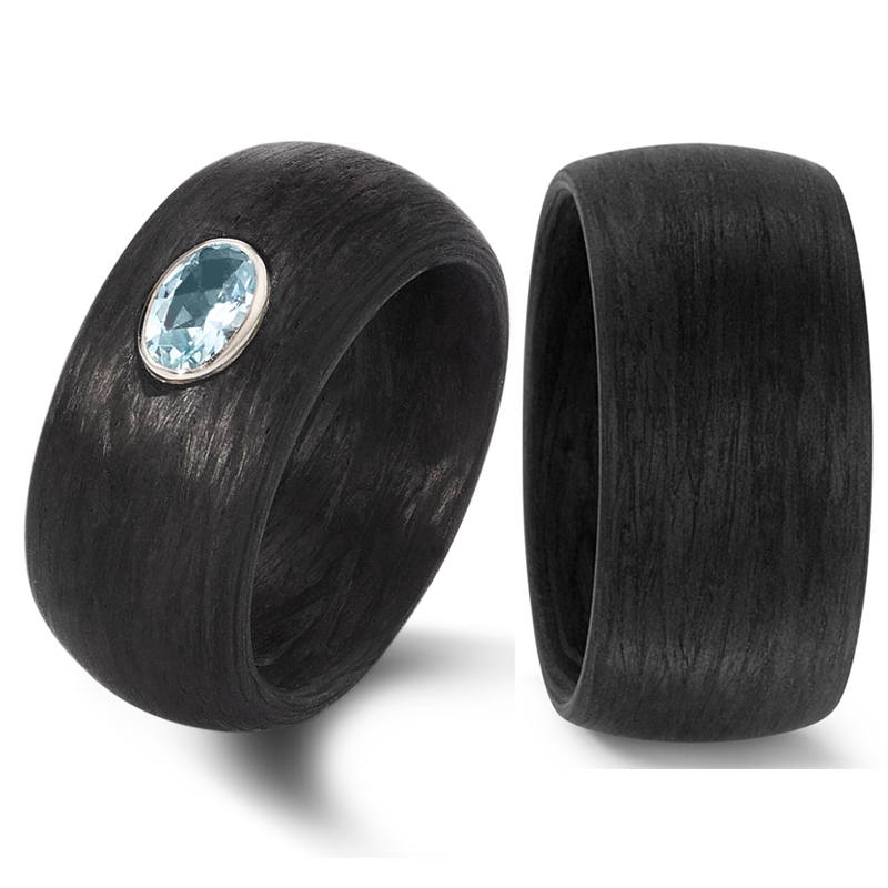 Einzigartige Eheringe aus Carbon mit wunderschönem blauen Topas in Weissgoldumrandung 8926928