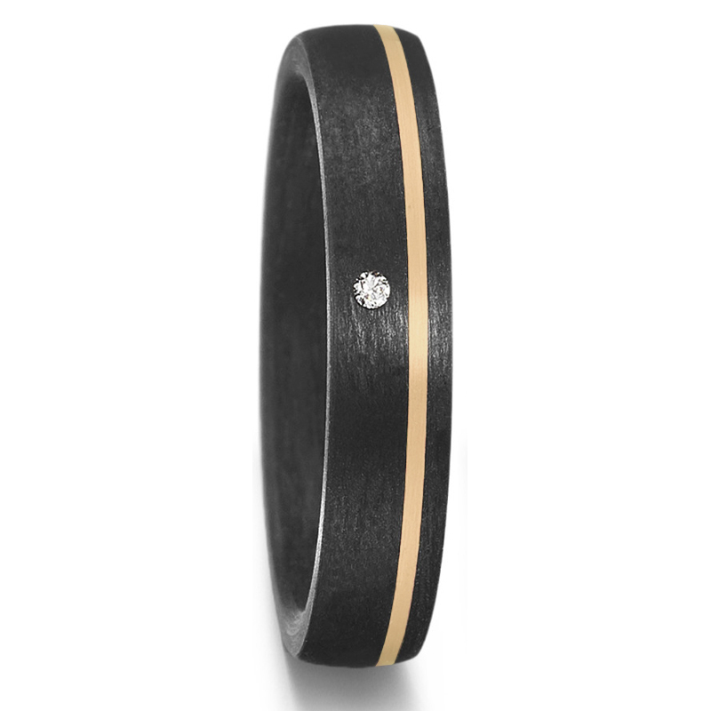 Schmal designte Trauringe aus Carbon mit strahlendem Diamant und Gelbgold 8926920