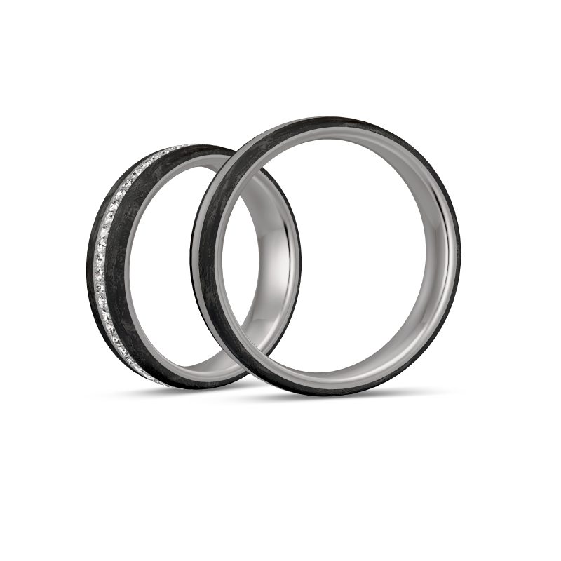 Aufnahme von Eheringen aus poliertem Palladium 500 mit Carbon und 55 Diamanten