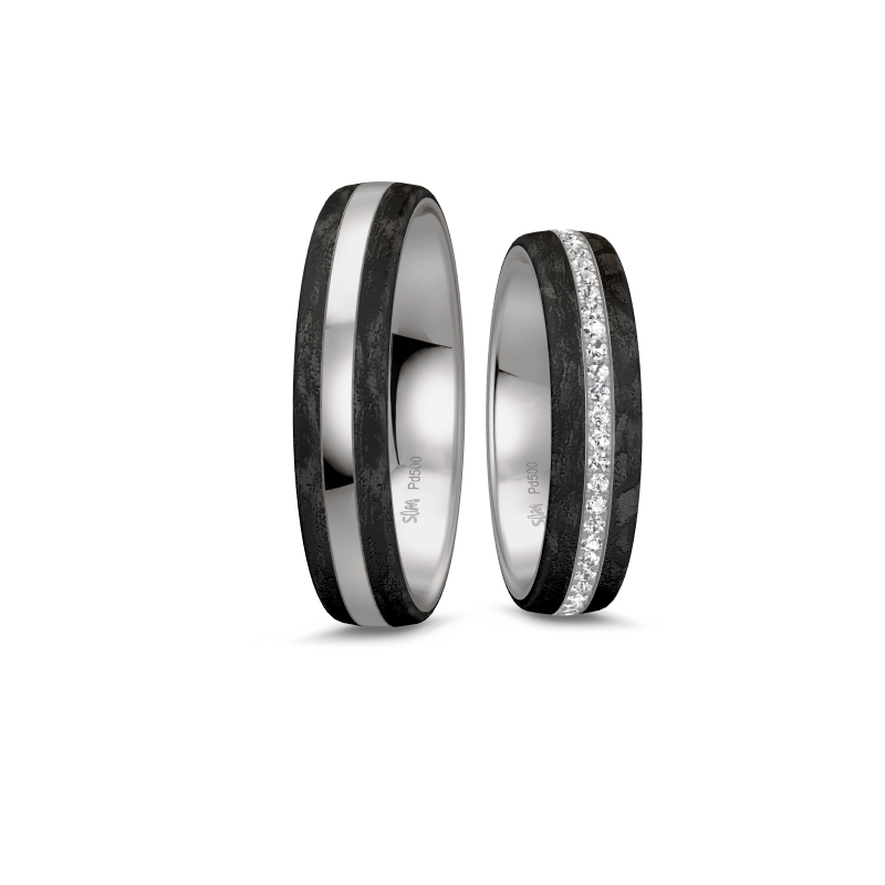 Aufnahme von Eheringen aus poliertem Palladium 500 mit Carbon und 55 Diamanten