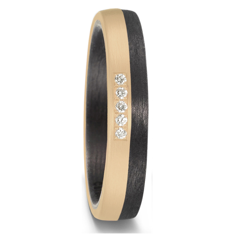 Zweifarbige Trauringe aus Carbon mit 5 Diamanten im Gelbgoldstreifen 8926921