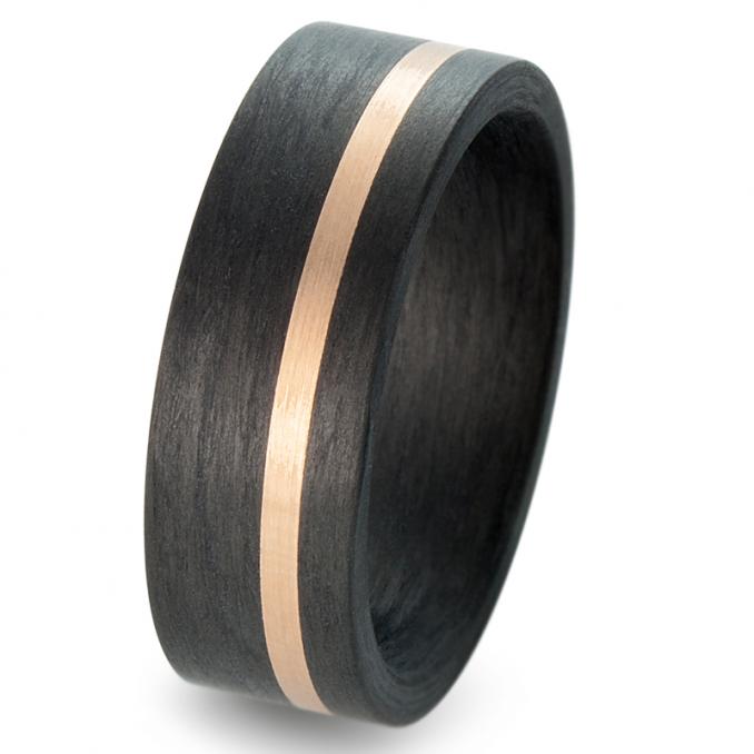 Außergewöhnliche Partnerringe Eheringe Carbon mit einem  Roségold 585 Seitenstreifen und Brillanten 