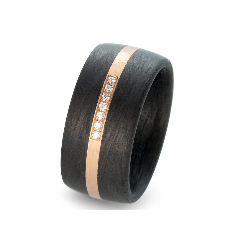 Breite Partnerringe Eheringe Carbon mit einem  Roségold 585 Streifen und Brillanten 59316/003/005/N5