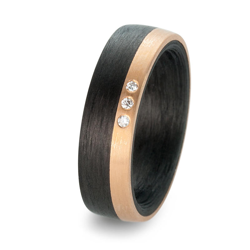 Schöne Partnerringe Eheringe Carbon mit einem  Roségold 585 Streifen und Brillanten 59317/003/003/N5