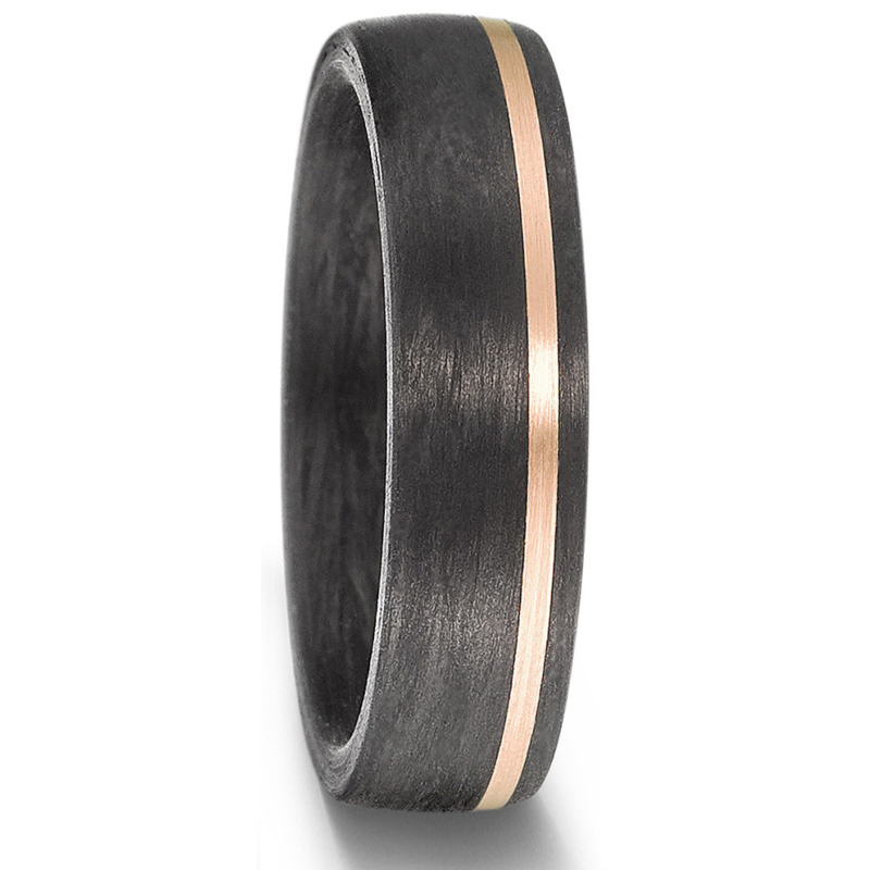 Schöne Trauringe aus Carbon mit drei Diamanten und Roségoldakzent 8926906