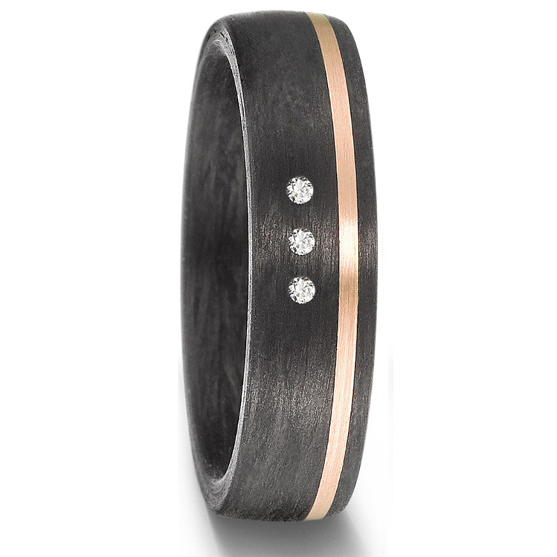Schöne Trauringe aus Carbon mit drei Diamanten und Roségoldakzent 8926906