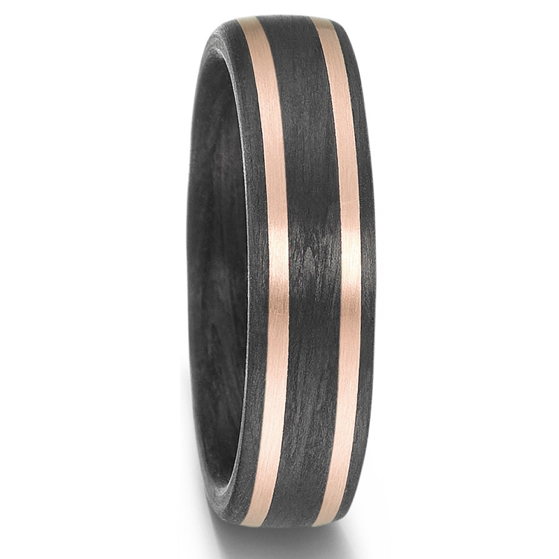 Markante Trauringe aus Carbon mit zwei Streifen aus Roségold und Diamanten 8926907