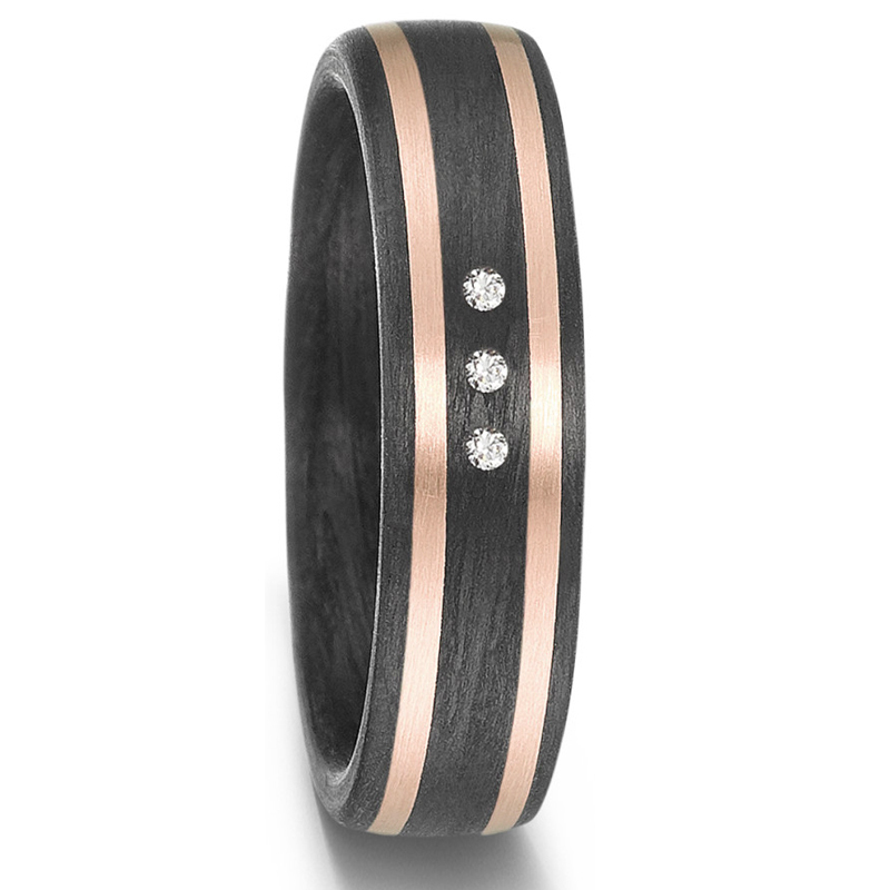 Markante Trauringe aus Carbon mit zwei Streifen aus Roségold und Diamanten 8926907