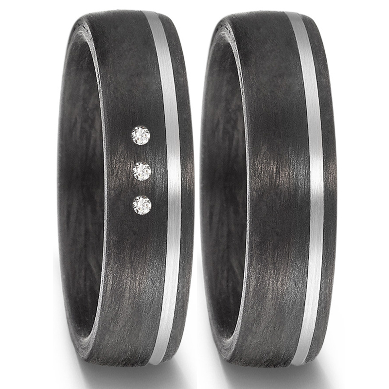 Bicolore Trauringe aus Carbon&Weissgold mit drei Diamanten in elegantem Design 8926924