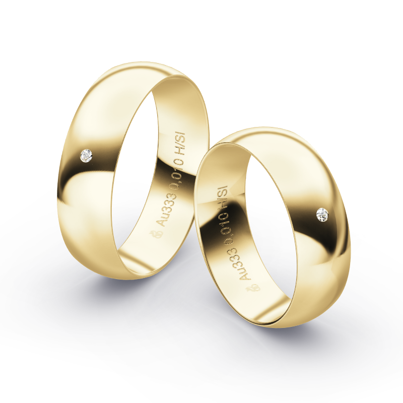 Eheringe aus Gelbgold, poliert mit eingeriebenem Diamanten