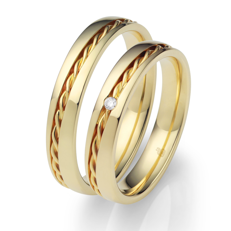 Gelbgold Eheringe mit Diamant poliert und Kordel in Rille