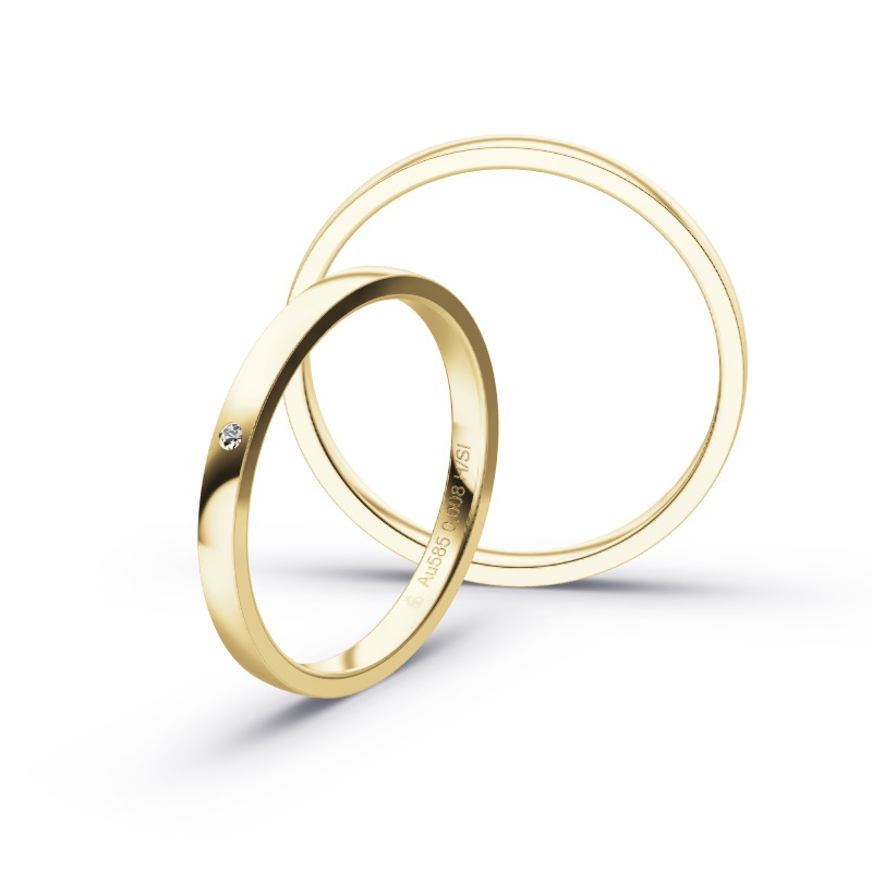 Aufnahme von schmalen Eheringen aus Gelbgold in 2 mm Breite mit Diamant und Polierung 