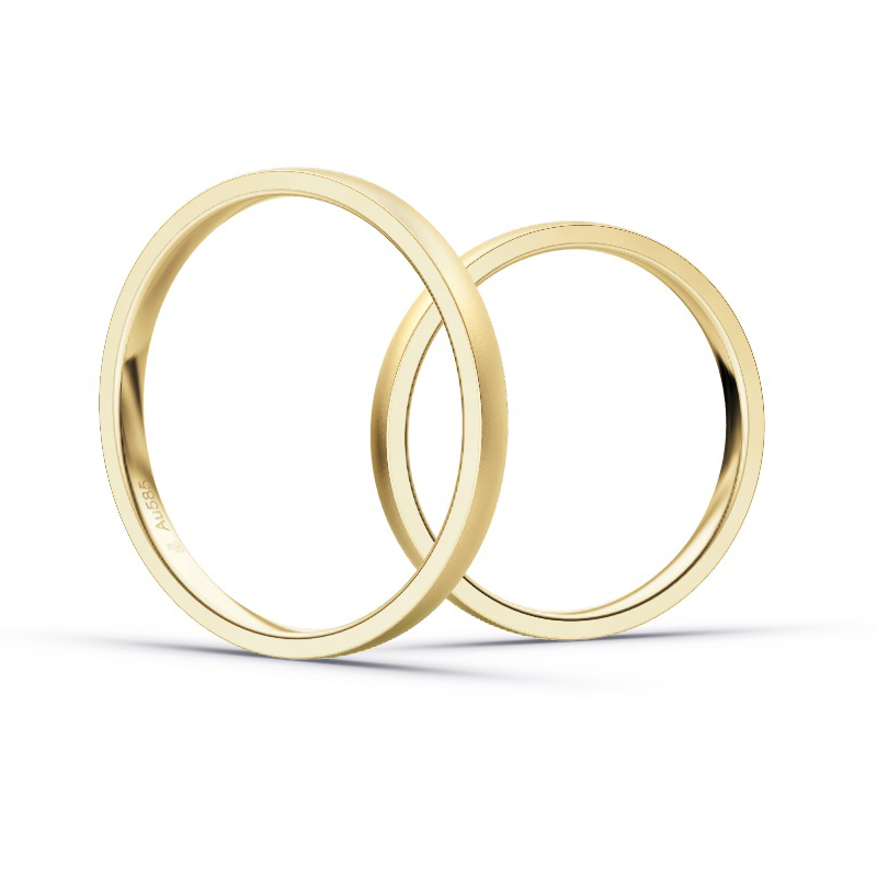Aufnahme von schmalen Eheringen aus Gelbgold in 2 mm Breite mit Diamant und Sandmattierung