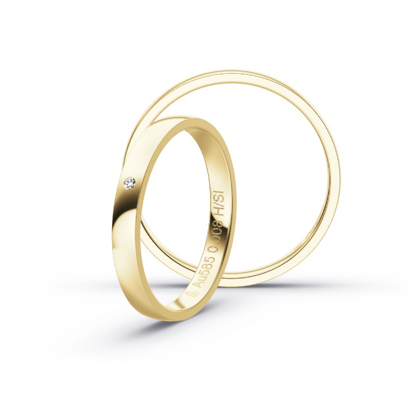 Aufnahme von schmalen Eheringen aus Gelbgold in 2,5 mm Breite mit Diamant und Polierung