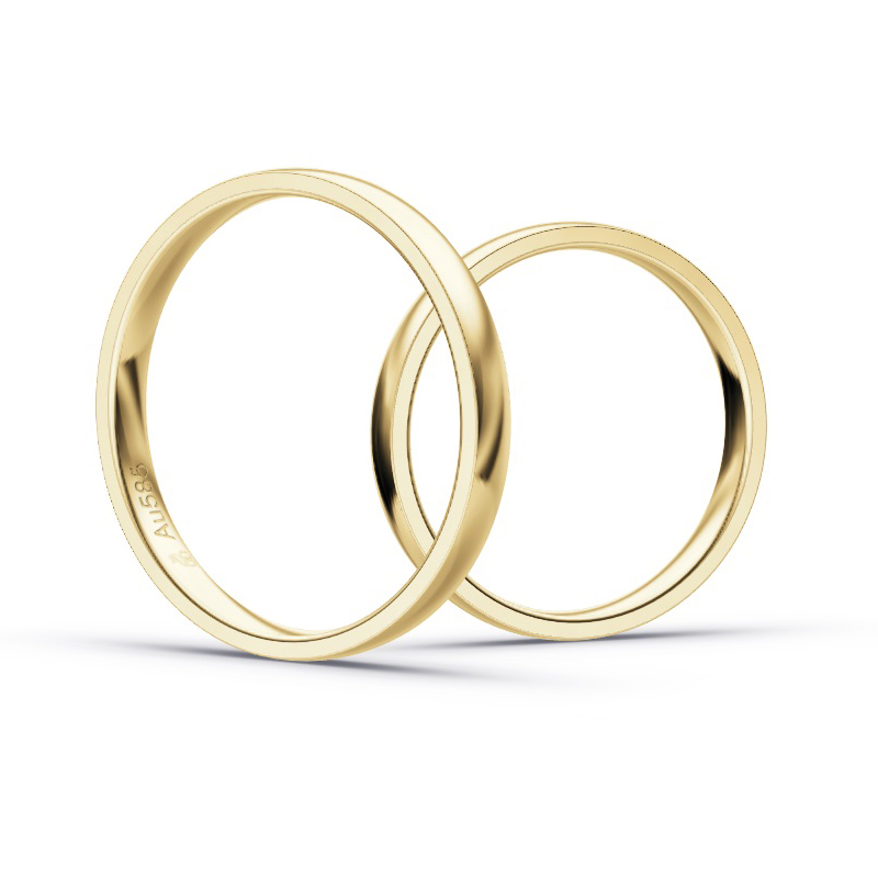 Aufnahme von schmalen Eheringen aus Gelbgold in 2,5 mm Breite mit Diamant und Polierung