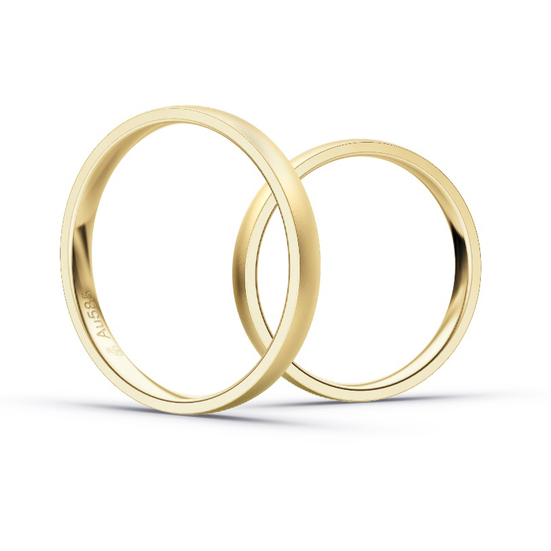 Aufnahme von schmalen Eheringen aus Gelbgold in 2,5 mm Breite mit Diamant und Sandmattierung