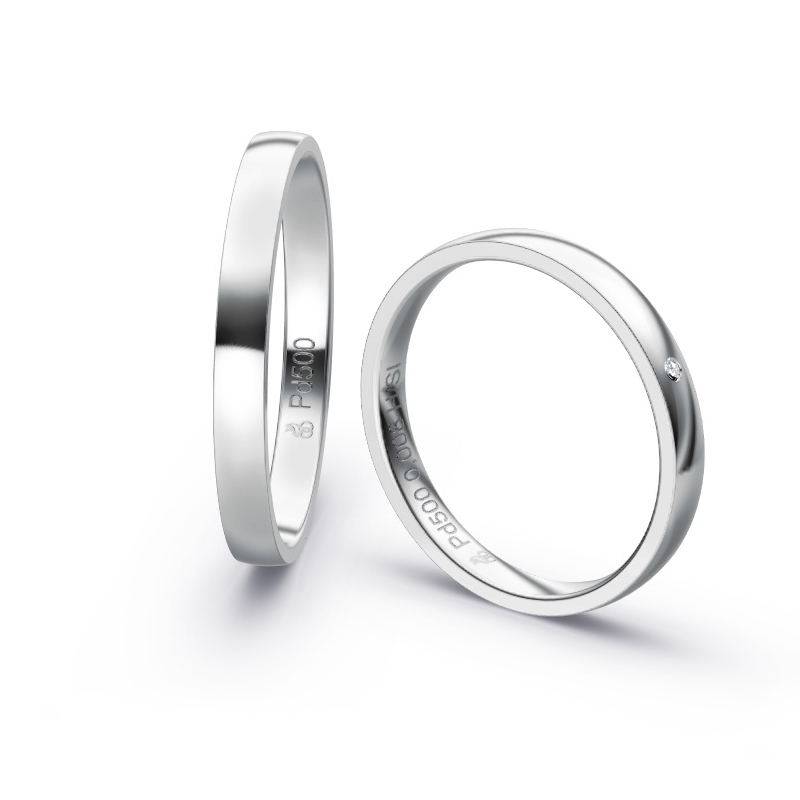 Aufnahme von schmalen Eheringen aus Palladium in 2,5 mm Breite mit Diamant und Polierung 