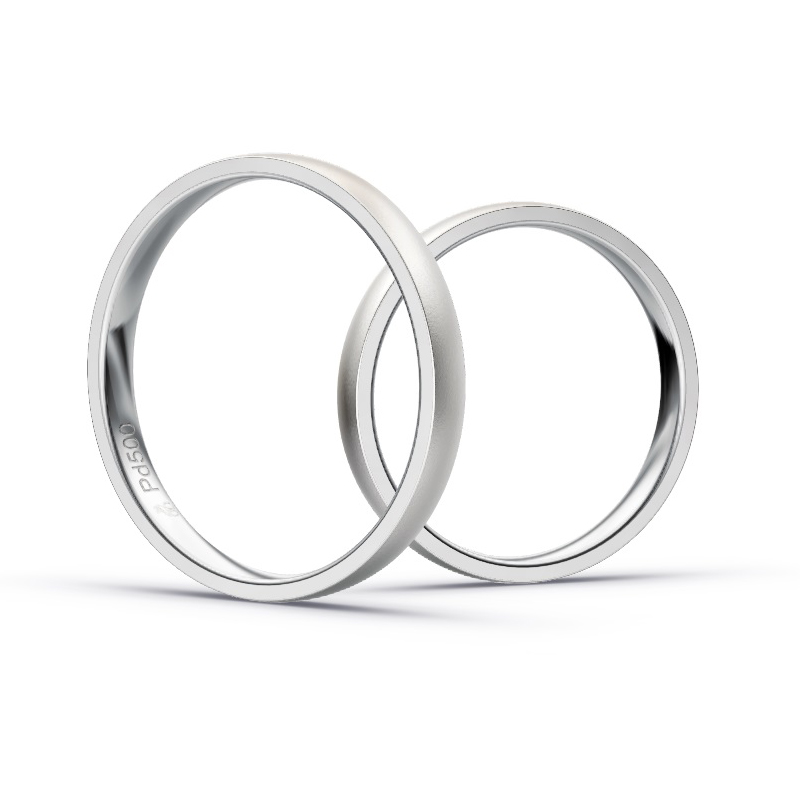 Aufnahme von schmalen Eheringen aus Palladium in 2,5 mm Breite mit Diamant und Sandmattierung