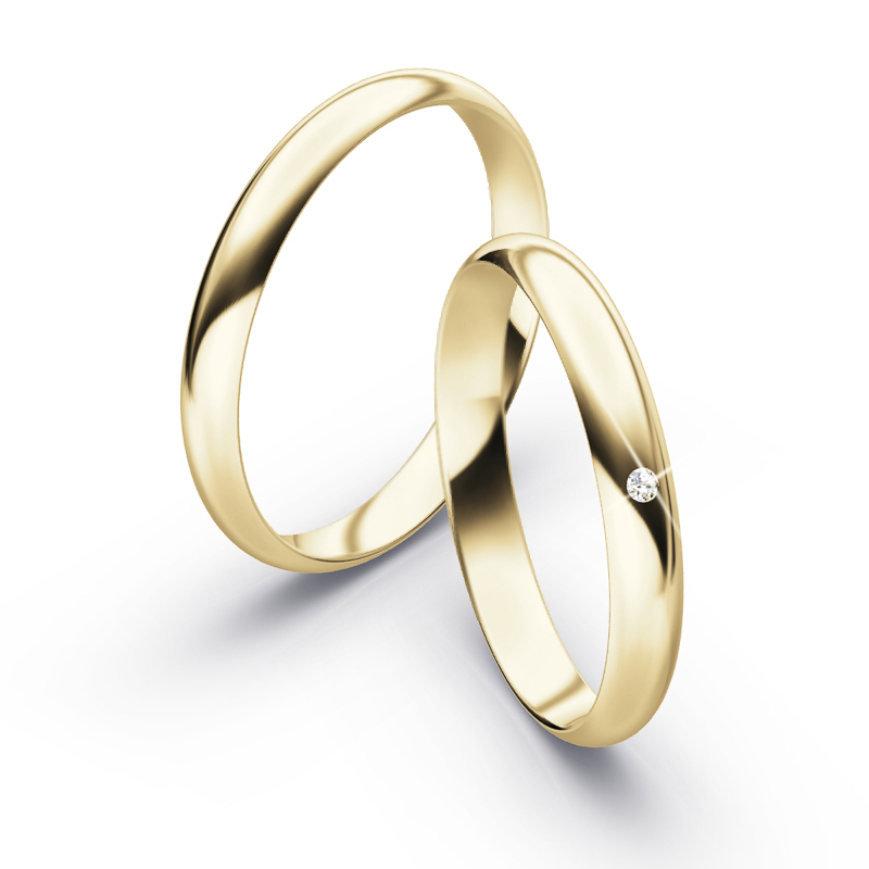 Aufnahme von schmalen polierten schlichten Trauringen aus Gelbgold mit Diamanten mit 3 mm Breite 