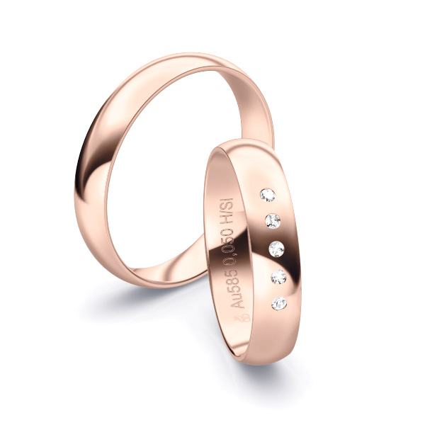 Rosegold Eheringen mit 5 Diamanten in 4 mm Breite, poliert 