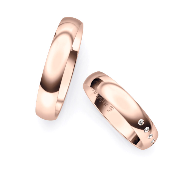 Rosegold Eheringen mit 5 Diamanten in 4 mm Breite, poliert 