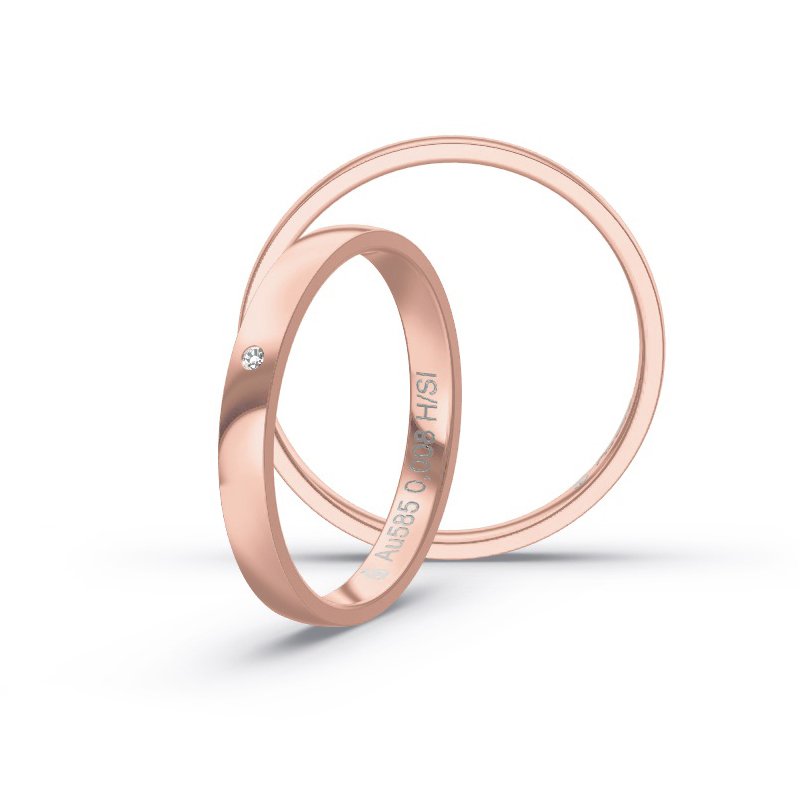Aufnahme von schmalen Eheringen aus Roségold in 2,5 mm Breite mit Diamant und Polierung 
