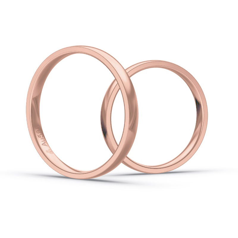 Aufnahme von schmalen Eheringen aus Roségold in 2,5 mm Breite mit Diamant und Polierung 