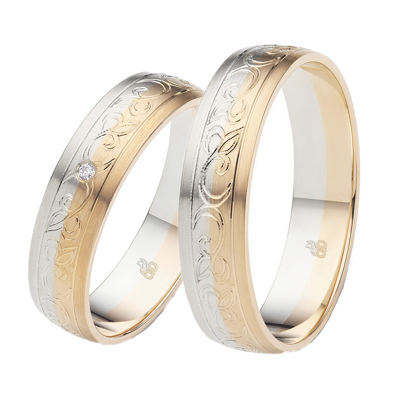 Rosé&Weißgold Eheringe mit Diamanten bicolor blattranken