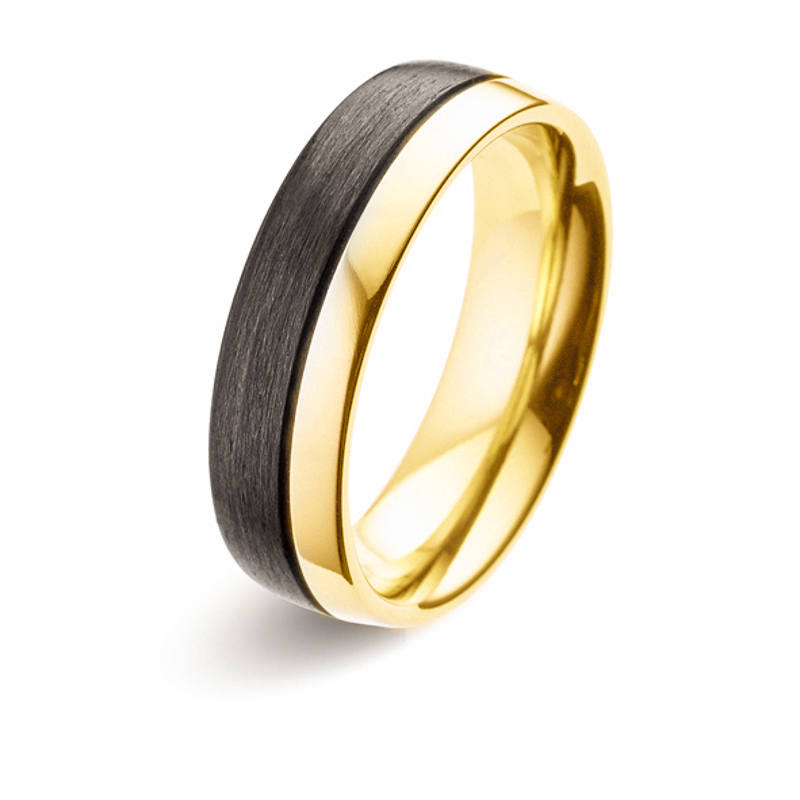 Aufnahme von bicoloren Gelbgold Eheringen mit dunklem Carbon und Diamanten 