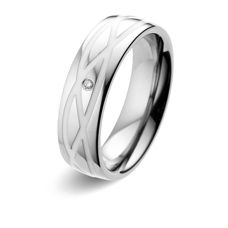 Aufnahme von Eheringen aus Titan mit Diamant und Muster aus Keramik 