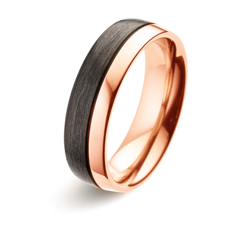 Aufnahme von bicoloren Rosegold Eheringen mit dunklem Carbon und Diamanten 
