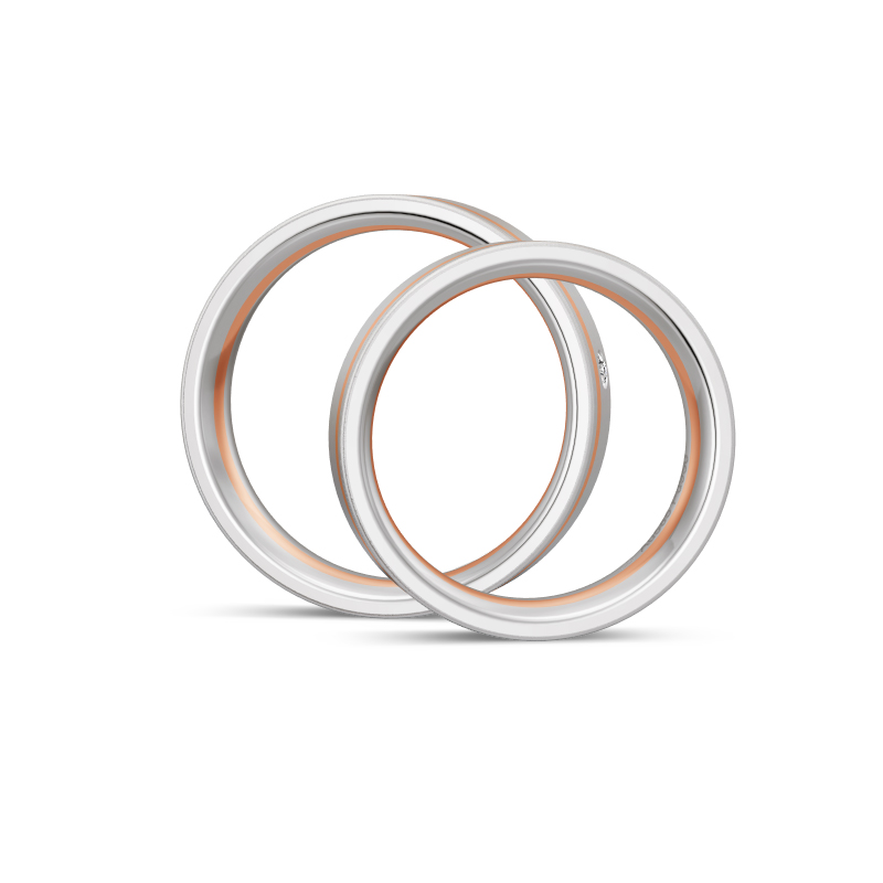 Aufnahme von bicoloren Partnerringen aus Titan mit Rotgold und Brillianten