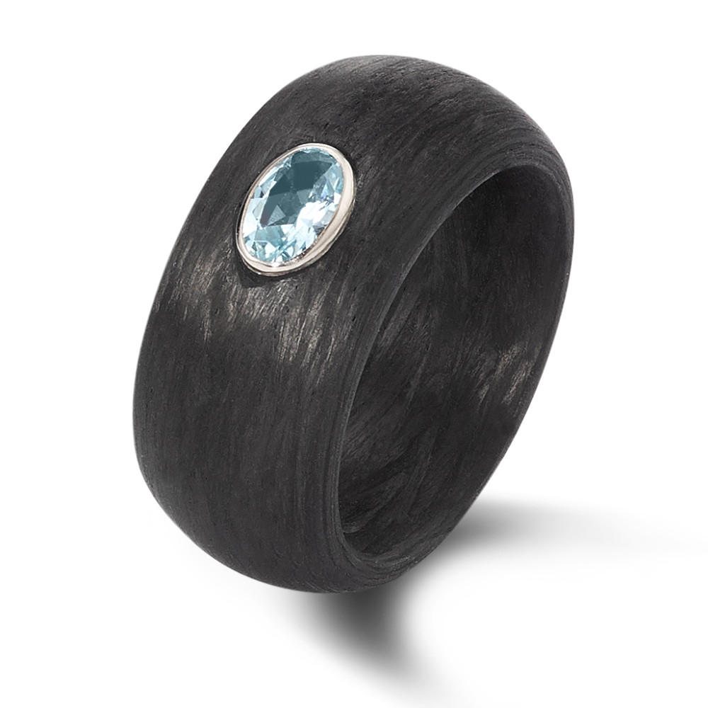 Einzigartige Eheringe aus Carbon mit wunderschönem blauen Topas in Weissgoldumrandung 8926928
