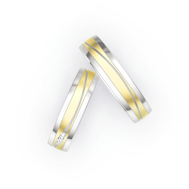 Aufnahme von Fair Trade Eheringen aus Palladium&Gelbgold mit sandmatter Rille und Diamanten 