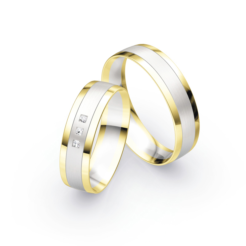 Aufnahme von bicoloren Eheringen aus Weissgold & Gelbgold mit polierten Rändern