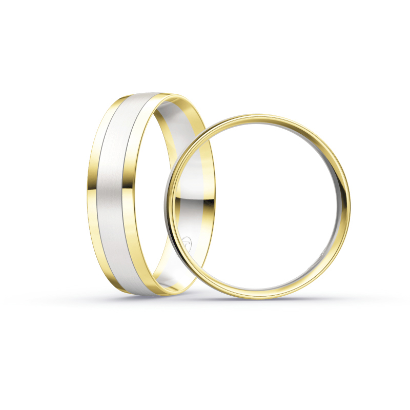 Aufnahme von bicoloren Eheringen aus Weissgold & Gelbgold mit polierten Rändern