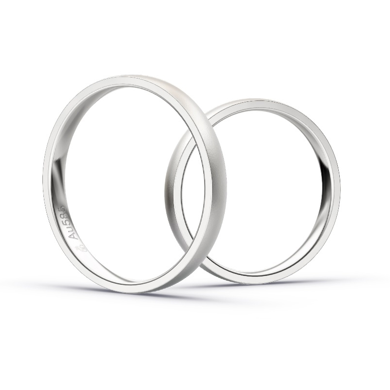 Aufnahme von schmalen Eheringen aus Weissgold in 2,5 mm Breite mit Diamant und Sandmattierung