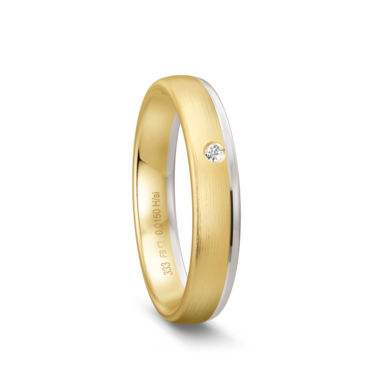 Ehering aus mattiertem Gelbgold mit poliertem Rand aus Weißgold mit Diamant