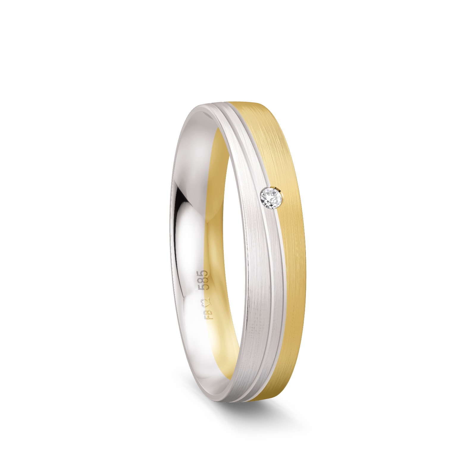 Trauring aus Gelbgold und Weißgold mit Mattierung und 2 schrägen Rillen und Diamant