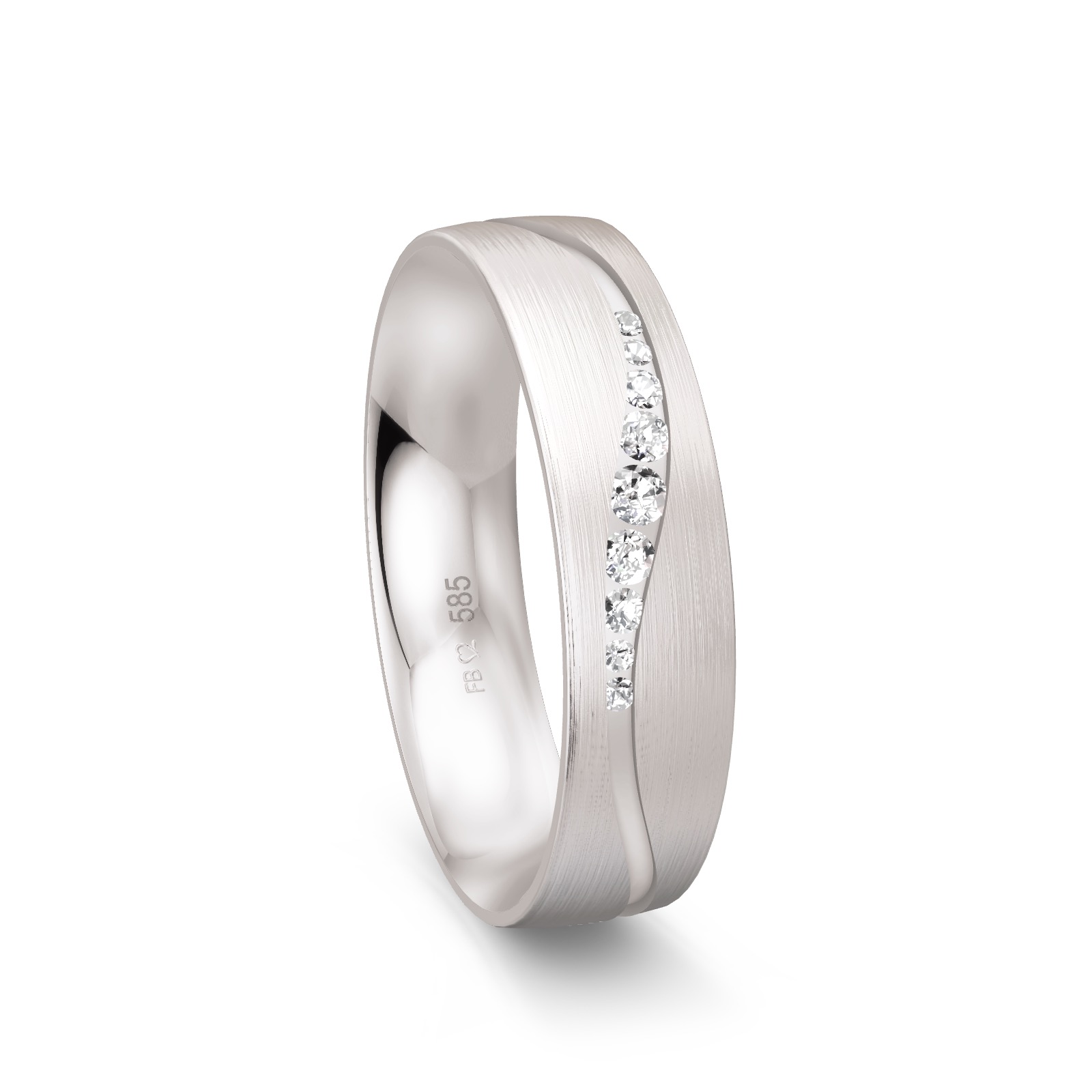 Ehering aus längsmattiertem Weißgold mit Diamanten in gewellter Rille