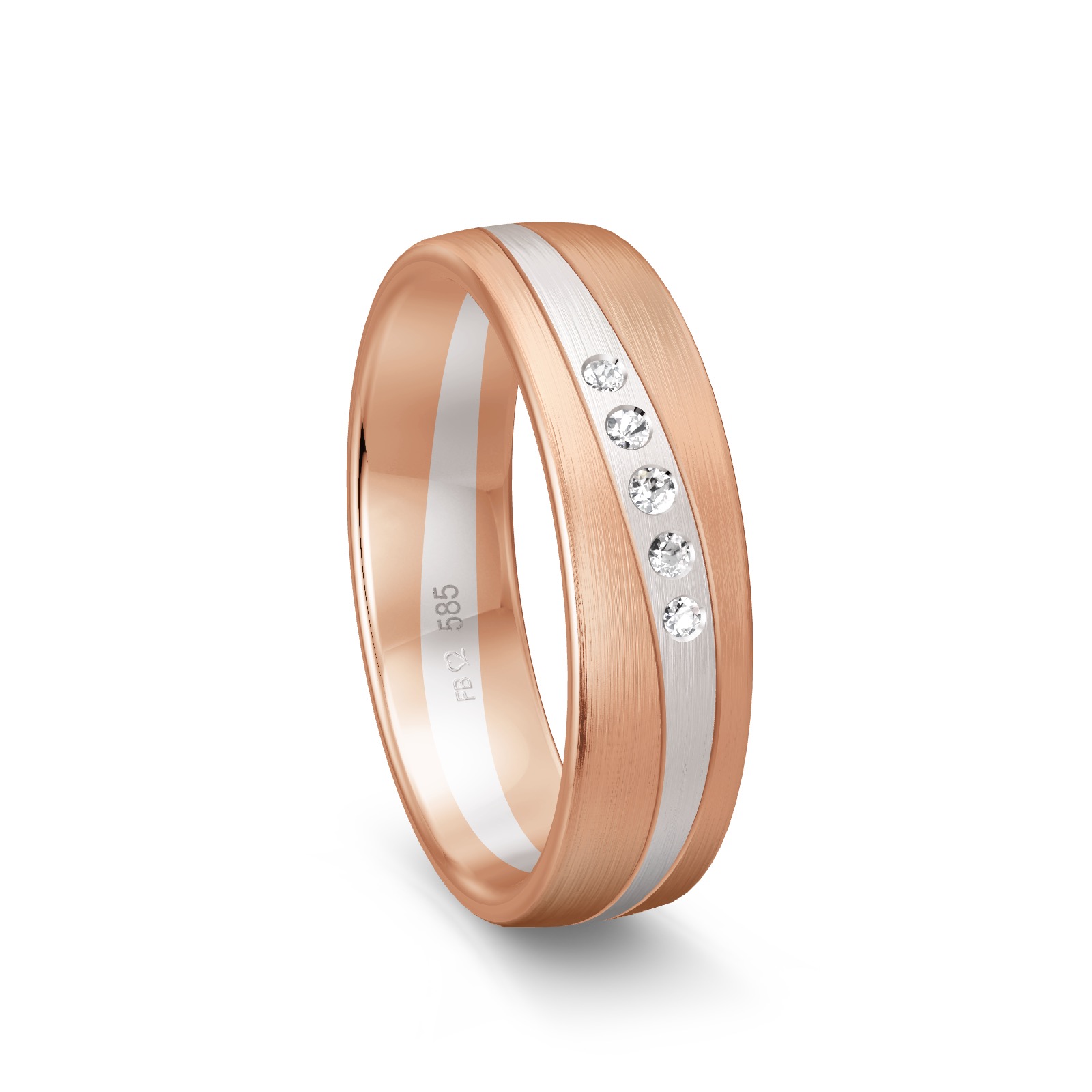 Ehering aus mattem Rotgold mit Streifen aus Weißgold und 5 Diamanten