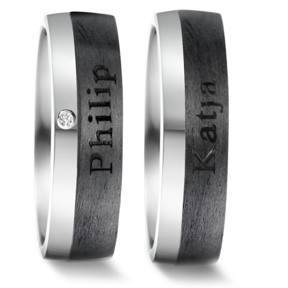 Matte Carbon Partnerringe Eheringe mit poliertem Weißgold mit einem Diamanten Außengravur 62635