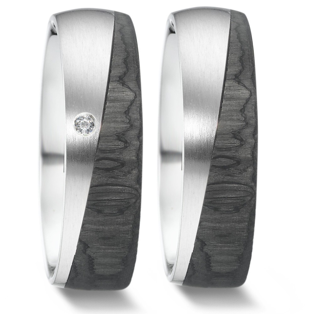 Carbon Partnerringe Eheringe mit Weißgold mit einem Diamanten 6mm breit 2mm stark 62318