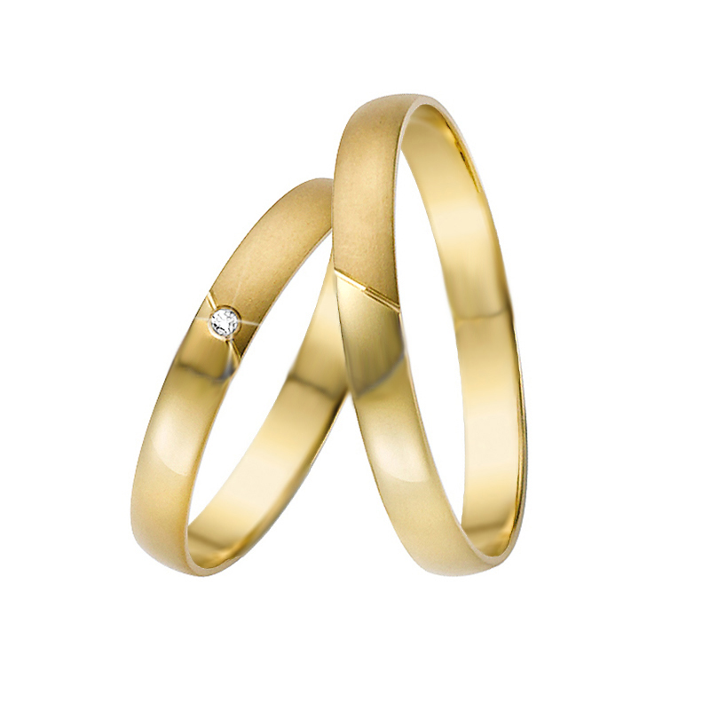 Trauringe aus Gelbgold mit Diamanten sandmatt und poliert schmal