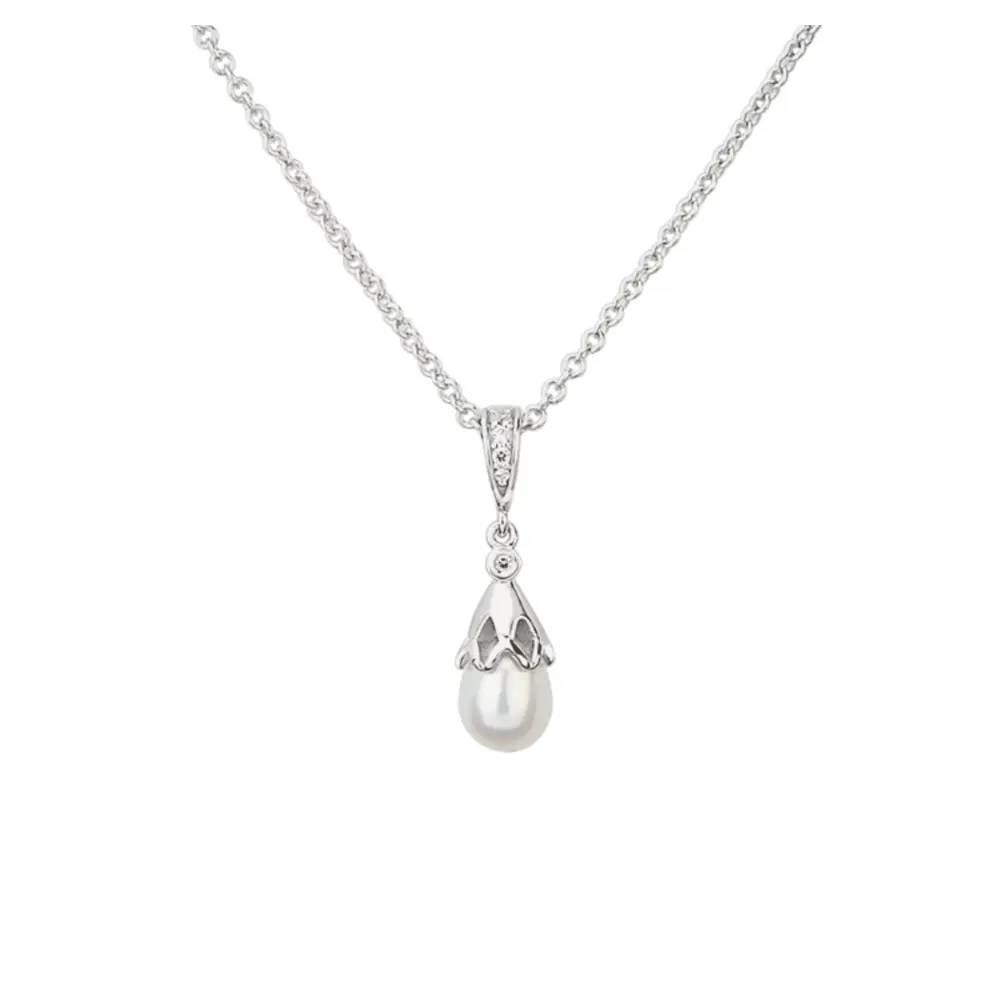 Kette aus rhodiniertem Silber 925 mit klassischem Anhänger mit Zirkonia und Zuchtperle im Zoom