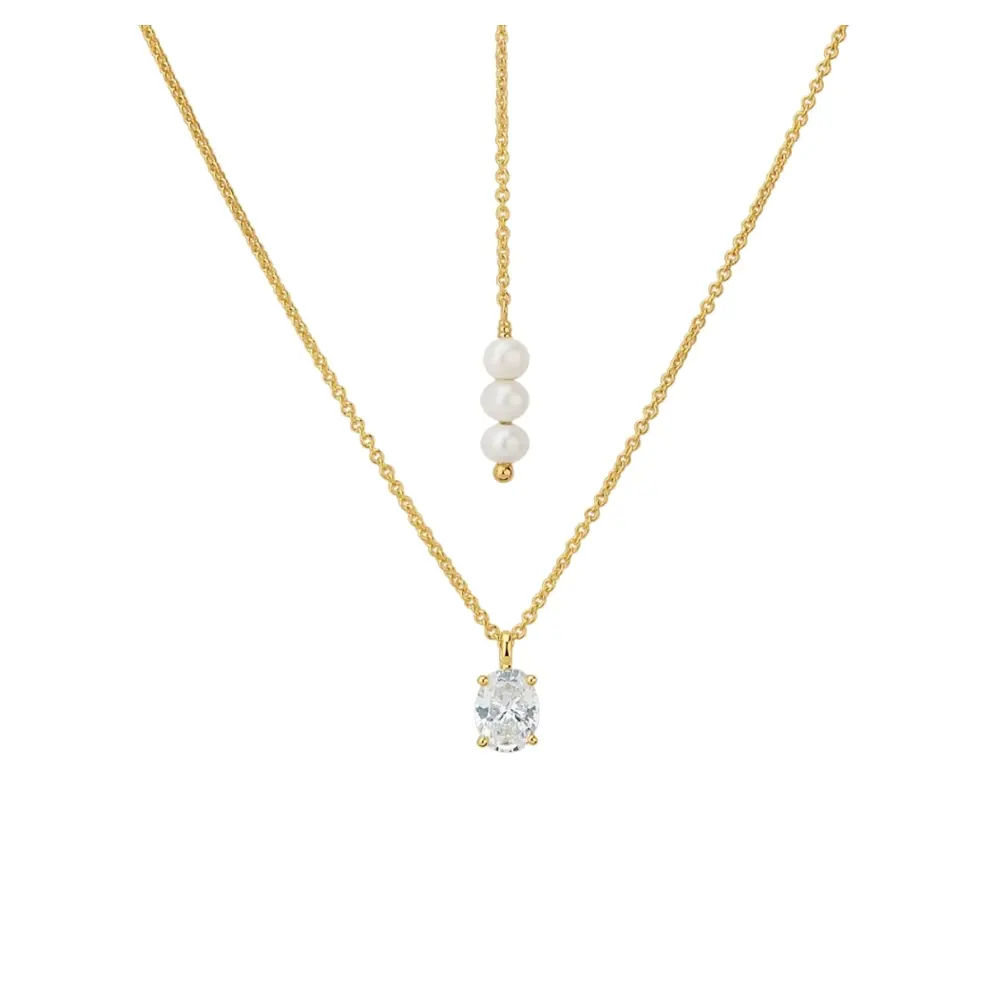 Ankerkette aus goldplattiertem Silber 925 mit Zirkonia und 3 Perlen