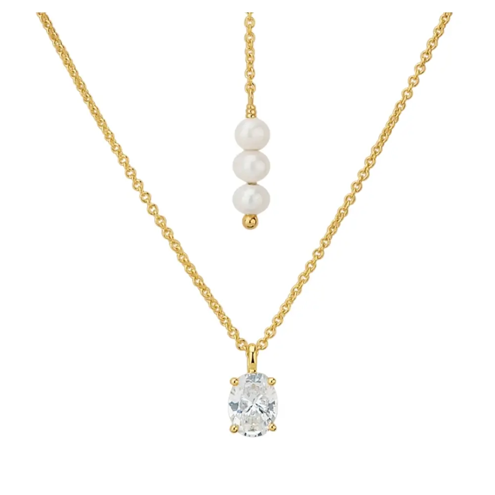 Ankerkette aus goldplattiertem Silber 925 mit Zirkonia und 3 Perlen im Zoom