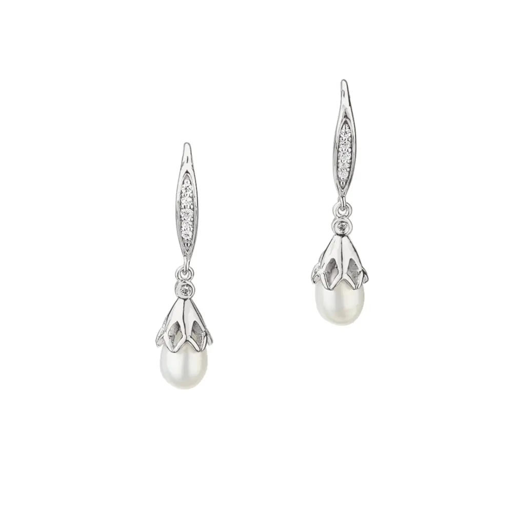 Rhodinierte Silber 925 Ohrhänger mit Perlentropfen und Zirkonia