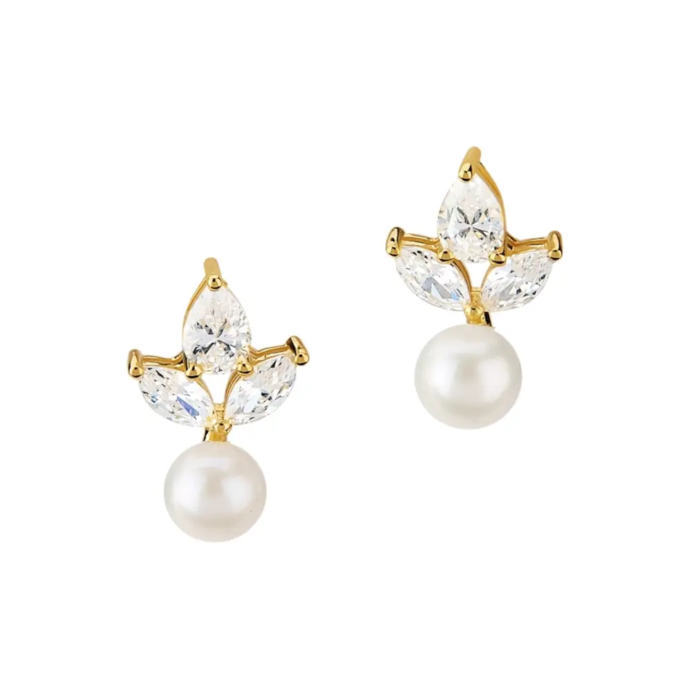 Goldplattierte Silber 925 Ohrstecker mit Zirkonia und hängender Zuchtperle